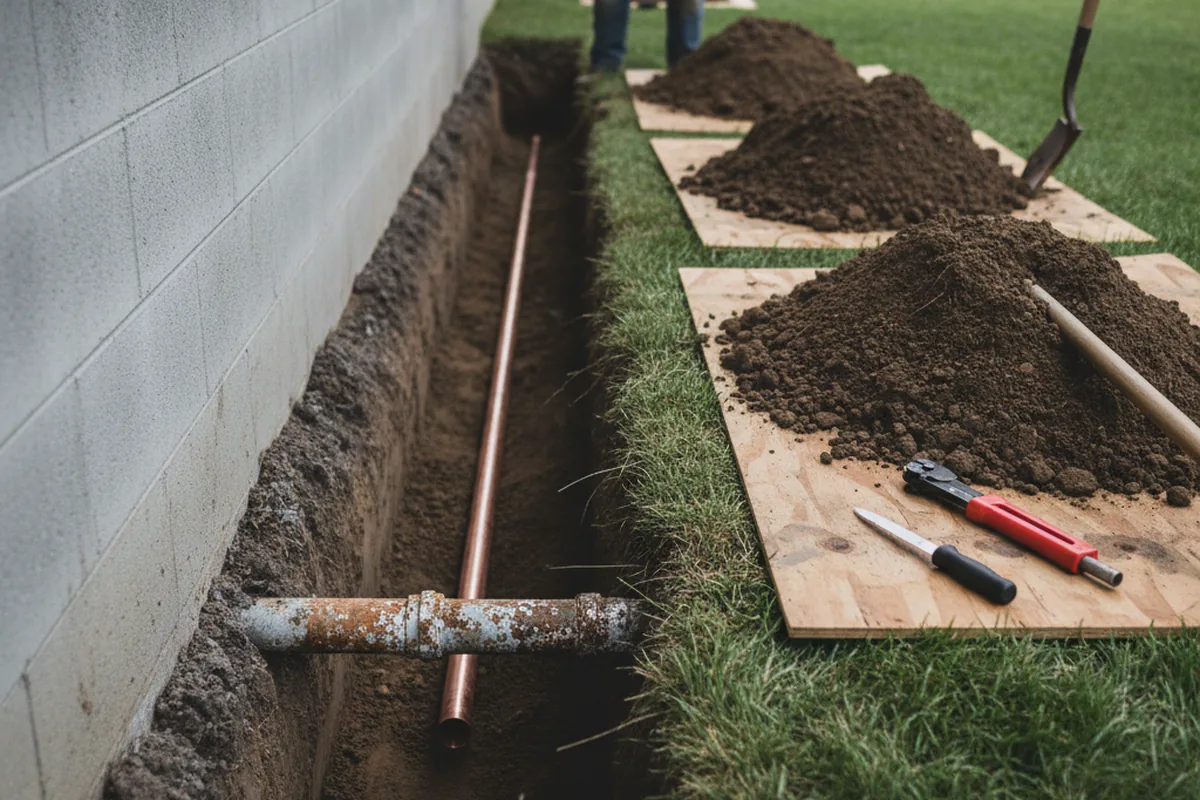 Excavated water line trench during Sewer Line Repair in West Alton